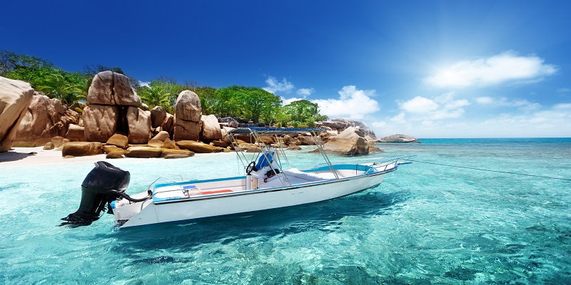 speed boat on the beach of Coco Island, Seychelles